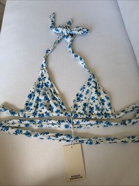 Monday Swimwear Morocco White & Blue Floral Tie Triangle Bikini Top
